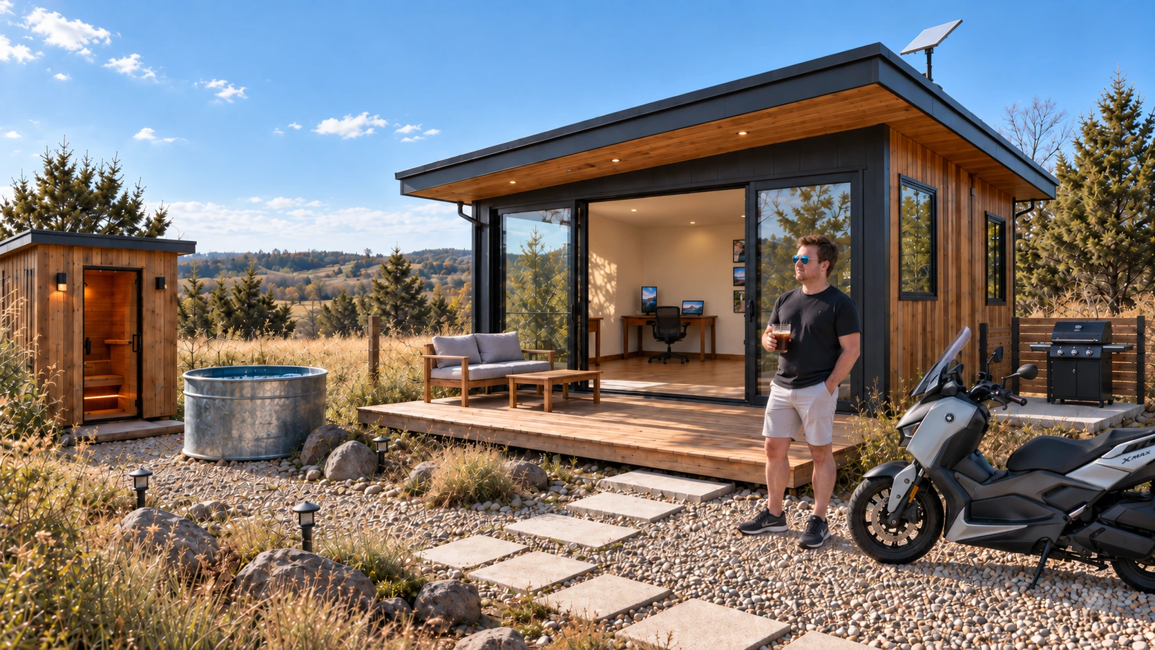 Tyler outside his rural studio, with the open doorway leading to his desk.